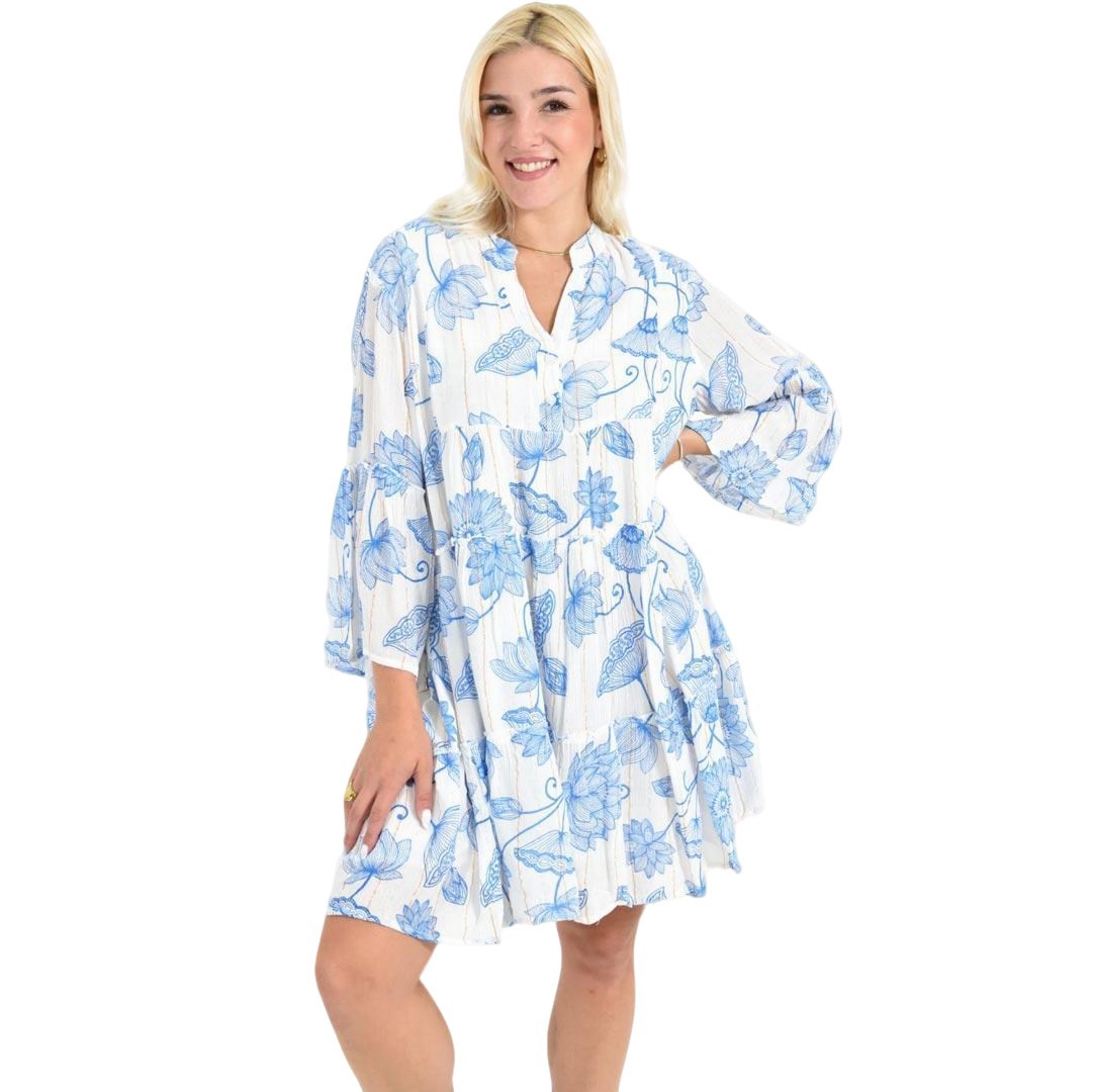 Κοντό Φόρεμα με Floral Print & Φαρδιά Μανίκια Μπλε 26690