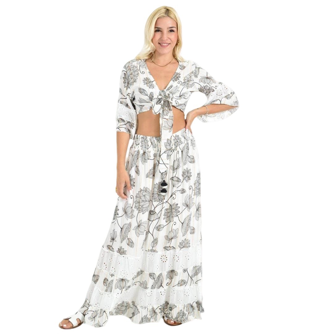 Boho Σετ Crop Top & Φούστα με Τρυπητές Λεπτομέρειες Μαύρο 26626