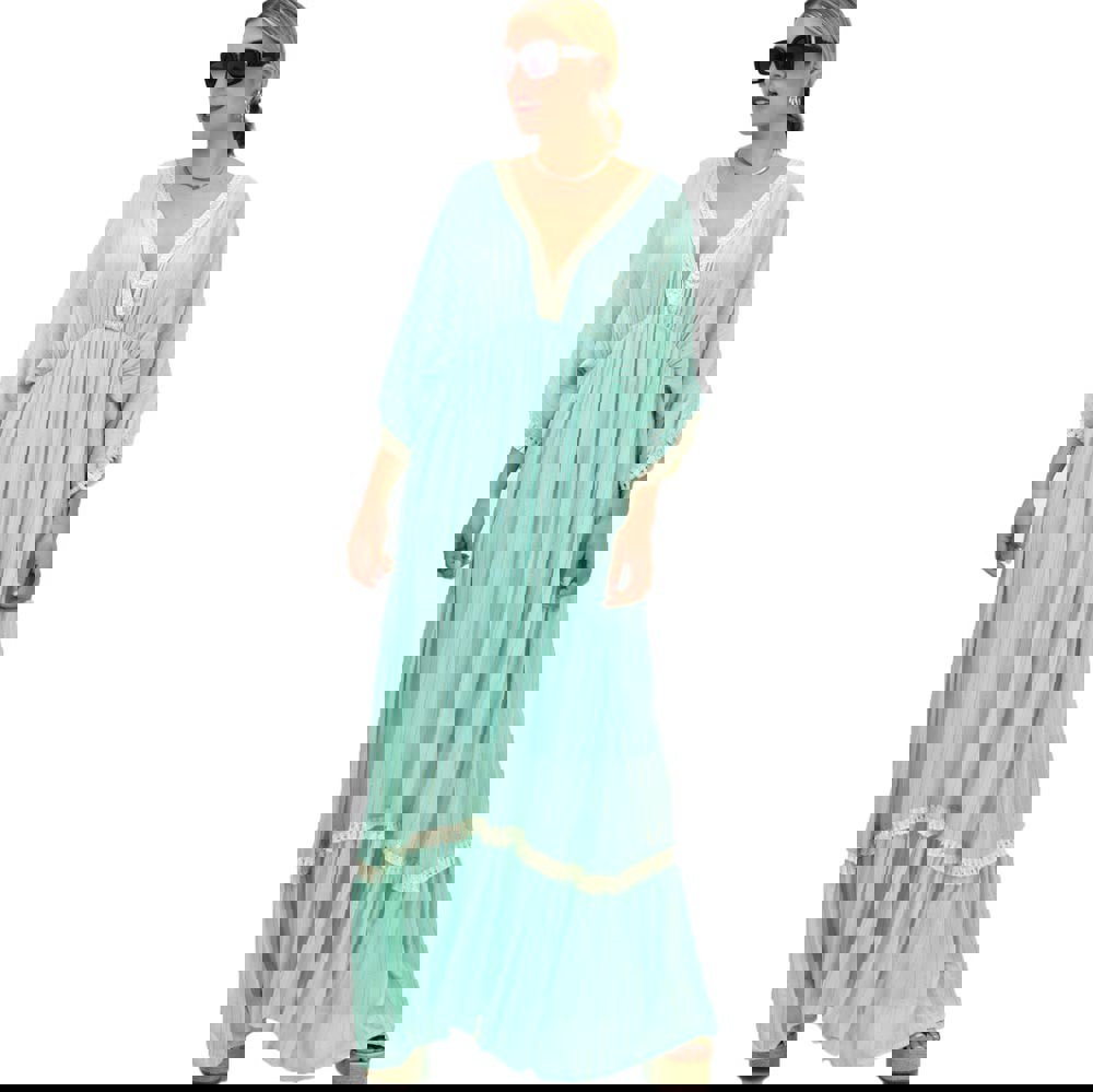 Γυναικείο maxi καφτάνι με κρόσια Σιέλ 20391