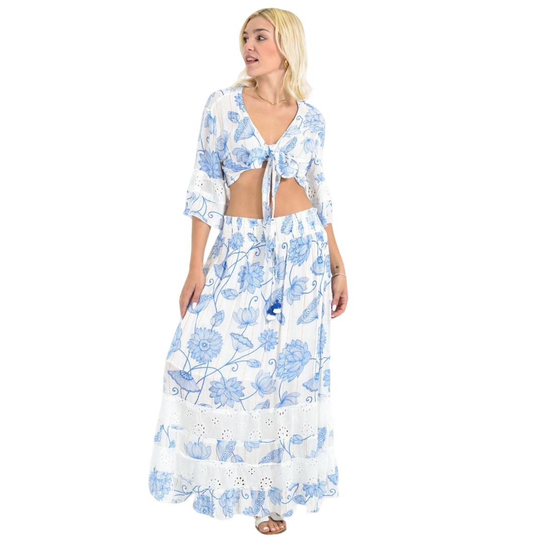 Boho Σετ Crop Top & Φούστα με Τρυπητές Λεπτομέρειες Μπλε 26623