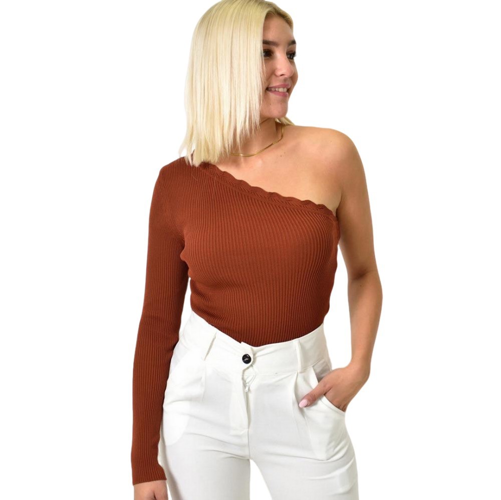 Πλεκτό τοπ με έναν ώμο Καφέ 25914