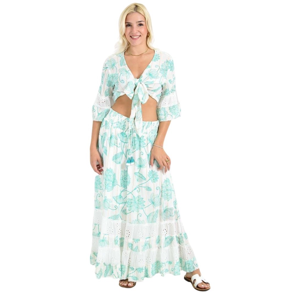 Boho Σετ Crop Top & Φούστα με Τρυπητές Λεπτομέρειες Βεραμάν 26624