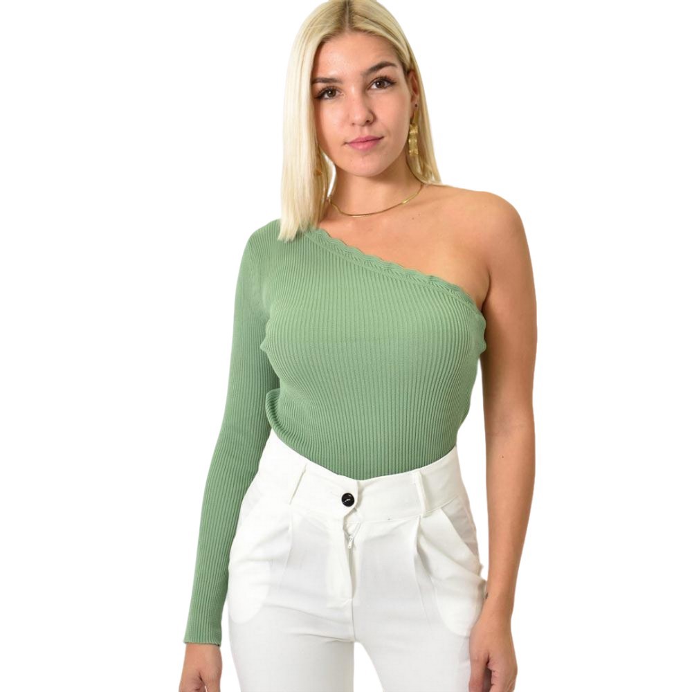 Πλεκτό τοπ με έναν ώμο Φυστικί 25917