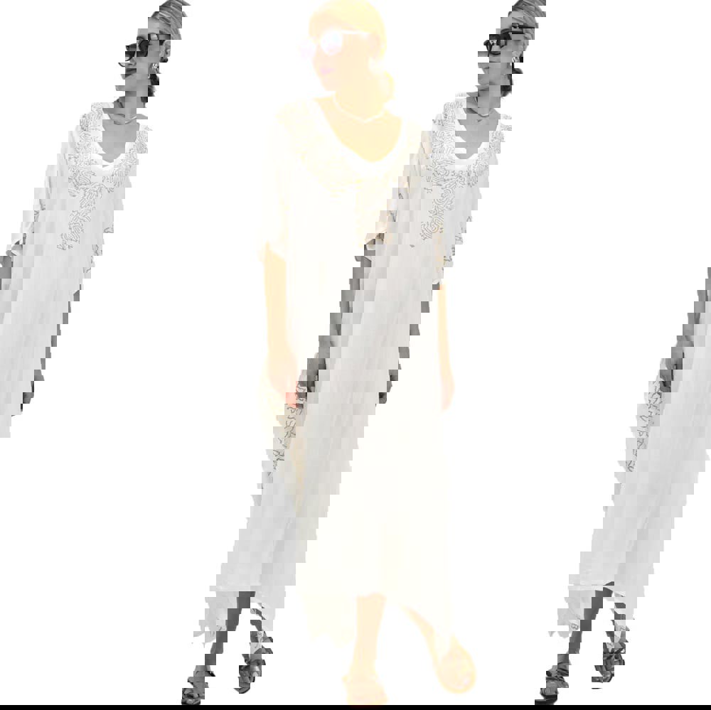 Γυναικείο μονόχρωμο καφτάνι με χρυσό σχέδιο Εκρού 20401