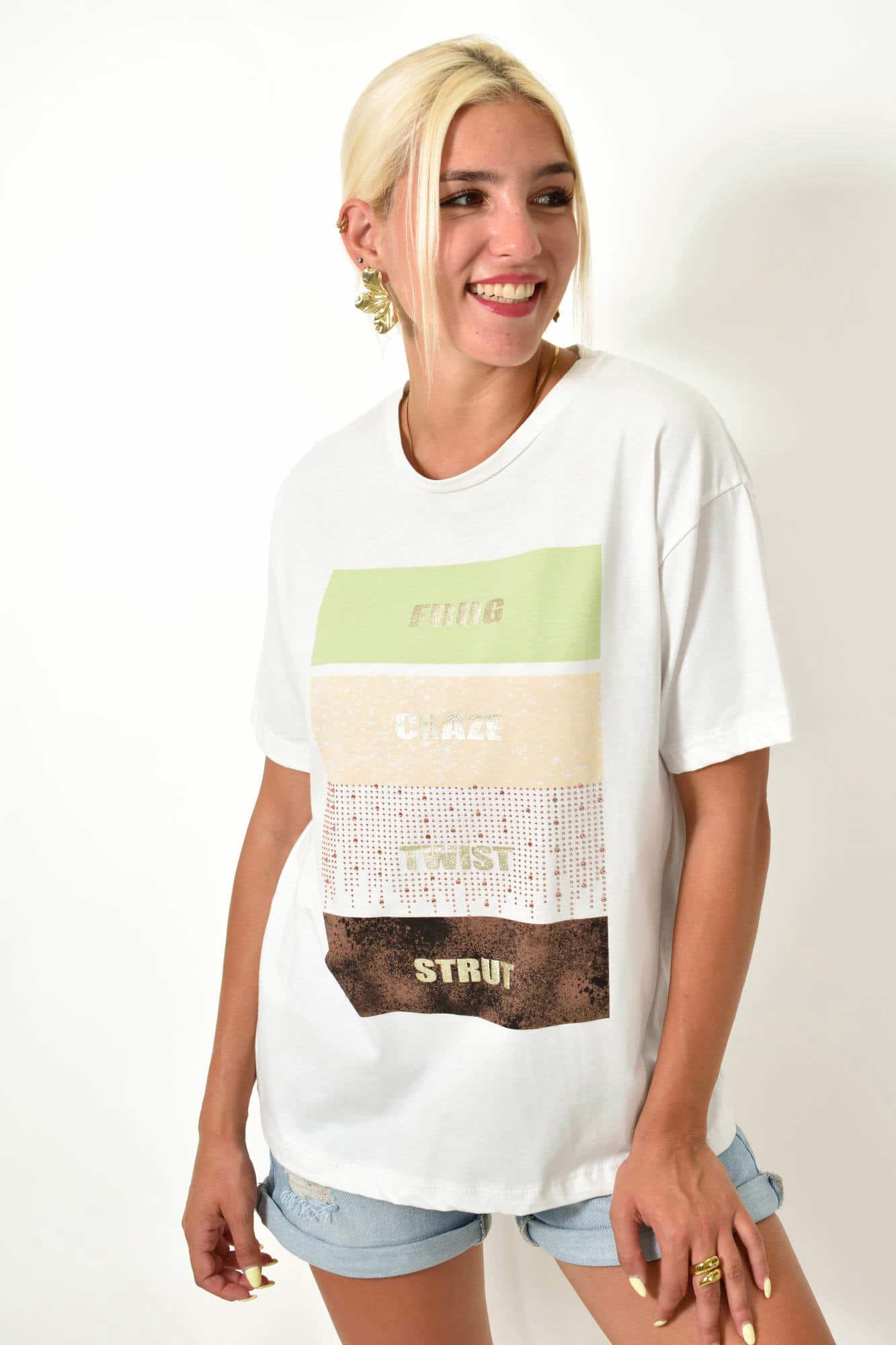Γυναικείο T-shirt με τύπωμα και στρας Λευκό 25506