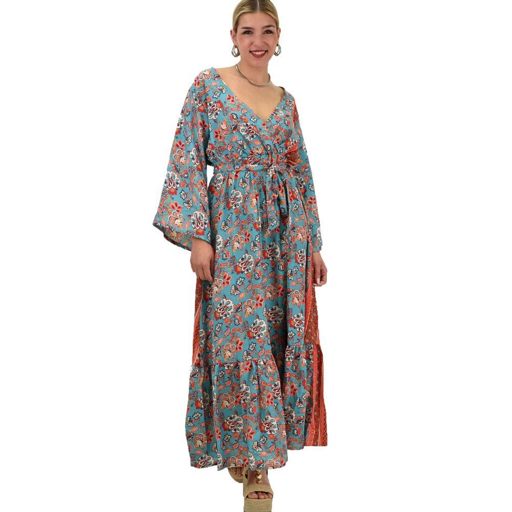 Γυναικείο μεταξωτό boho φόρεμα με ζώνη Γαλάζιο 20368