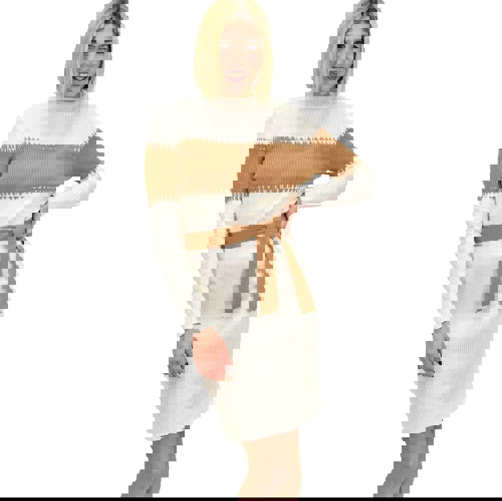 Γυναικείο φόρεμα πλεκτό με ζώνη και ρίγα Εκρού 9378