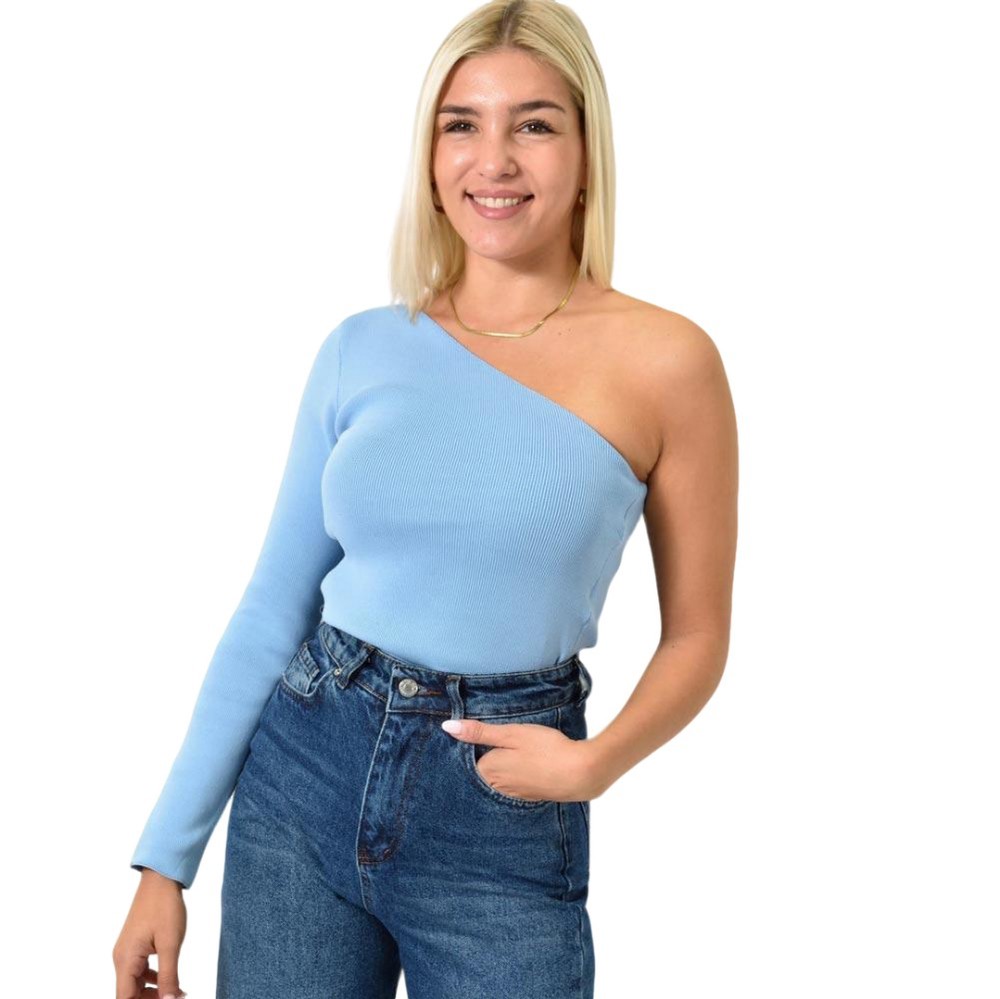 Πλεκτό τοπ με ανοιχτό ώμο Γαλάζιο 26009