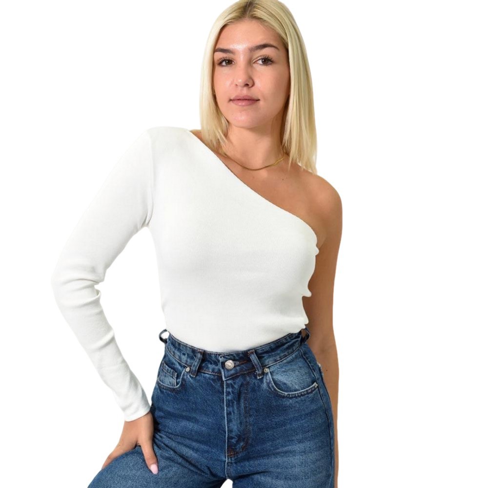 Πλεκτό τοπ με ανοιχτό ώμο Λευκό 26011