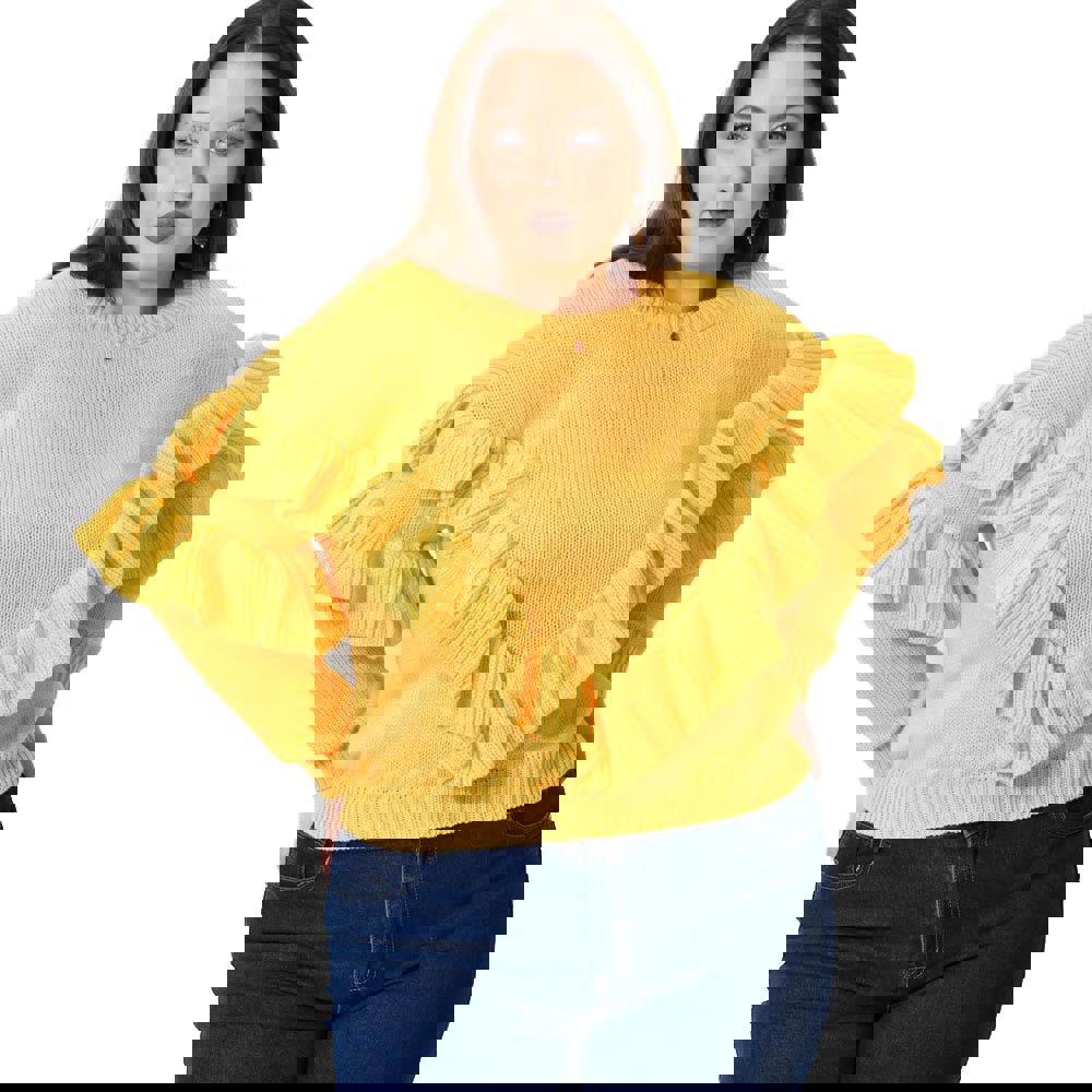 Γυναικεία μπλούζα πουλόβερ με βολάν Κίτρινο 22799