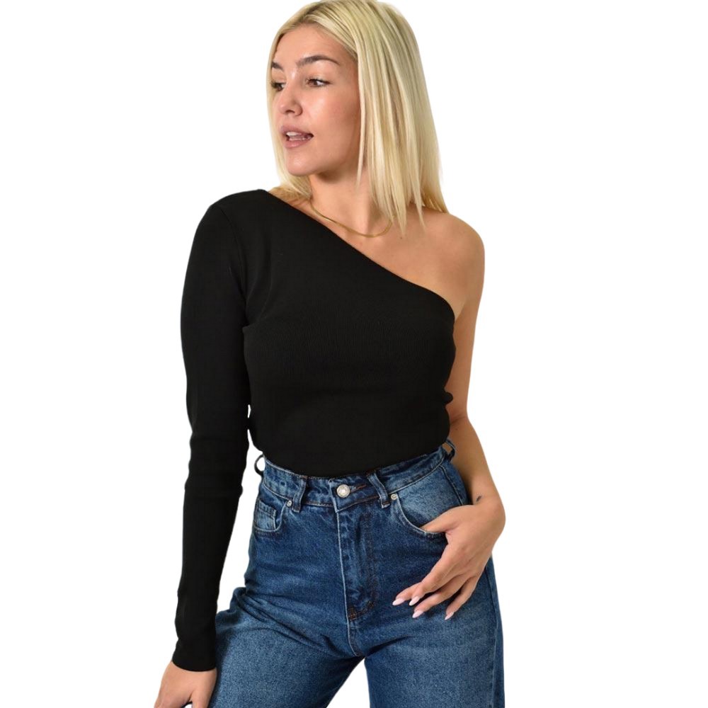 Πλεκτό τοπ με ανοιχτό ώμο Μαύρο 26012