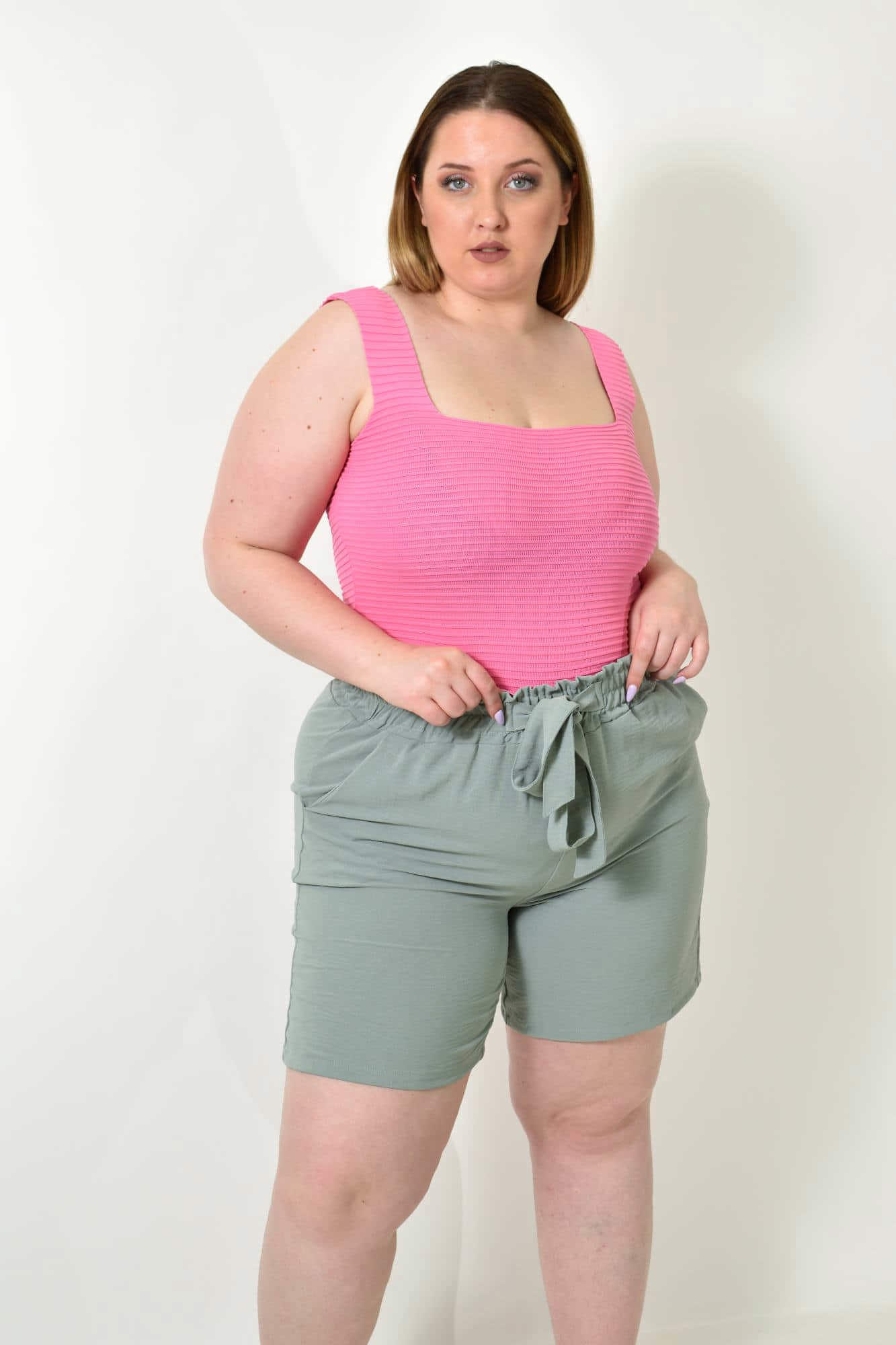 Γυναικείο Plus Size τοπ αμάνικο με ανάγλυφο σχέδιο Ροζ 24404