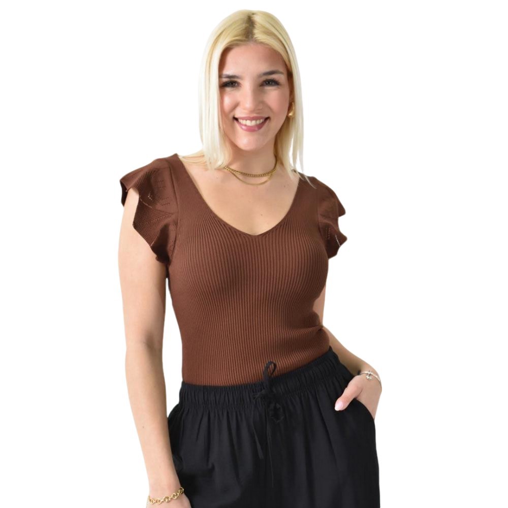 Γυναικείο τοπ με σχέδιο στο μανίκι Καφέ 26268