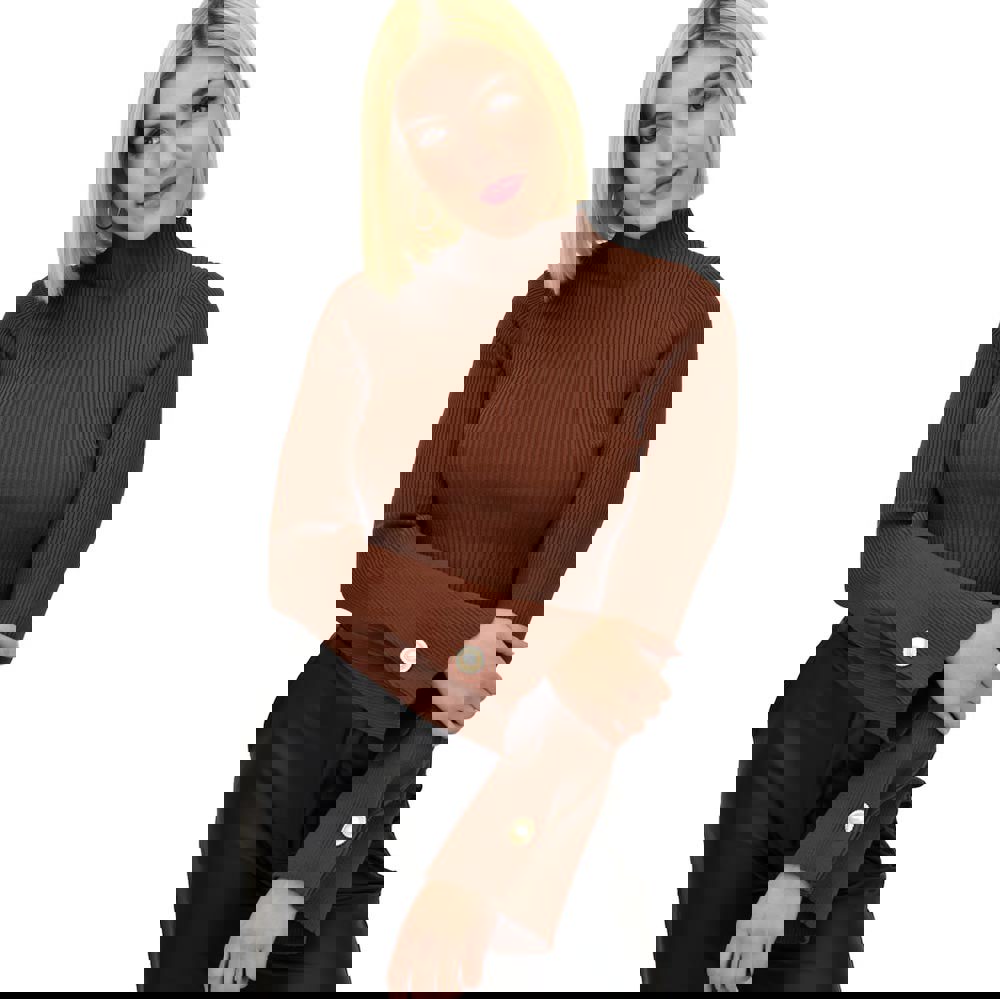 Γυναικείο τοπ με καμπάνα μανίκια και κουμπί Καφέ 22225