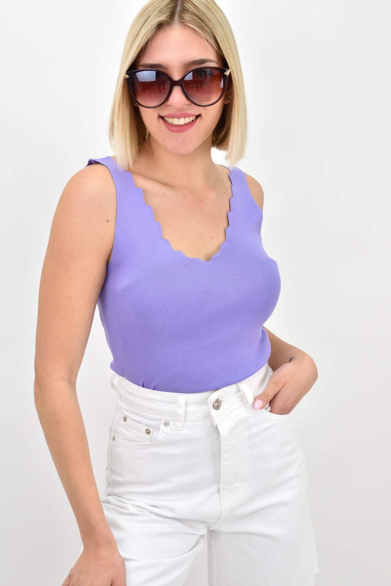 Γυναικείο Ριπ Τοπ με V-Neck κυματιστό ντεκολτέ Λιλά 19395