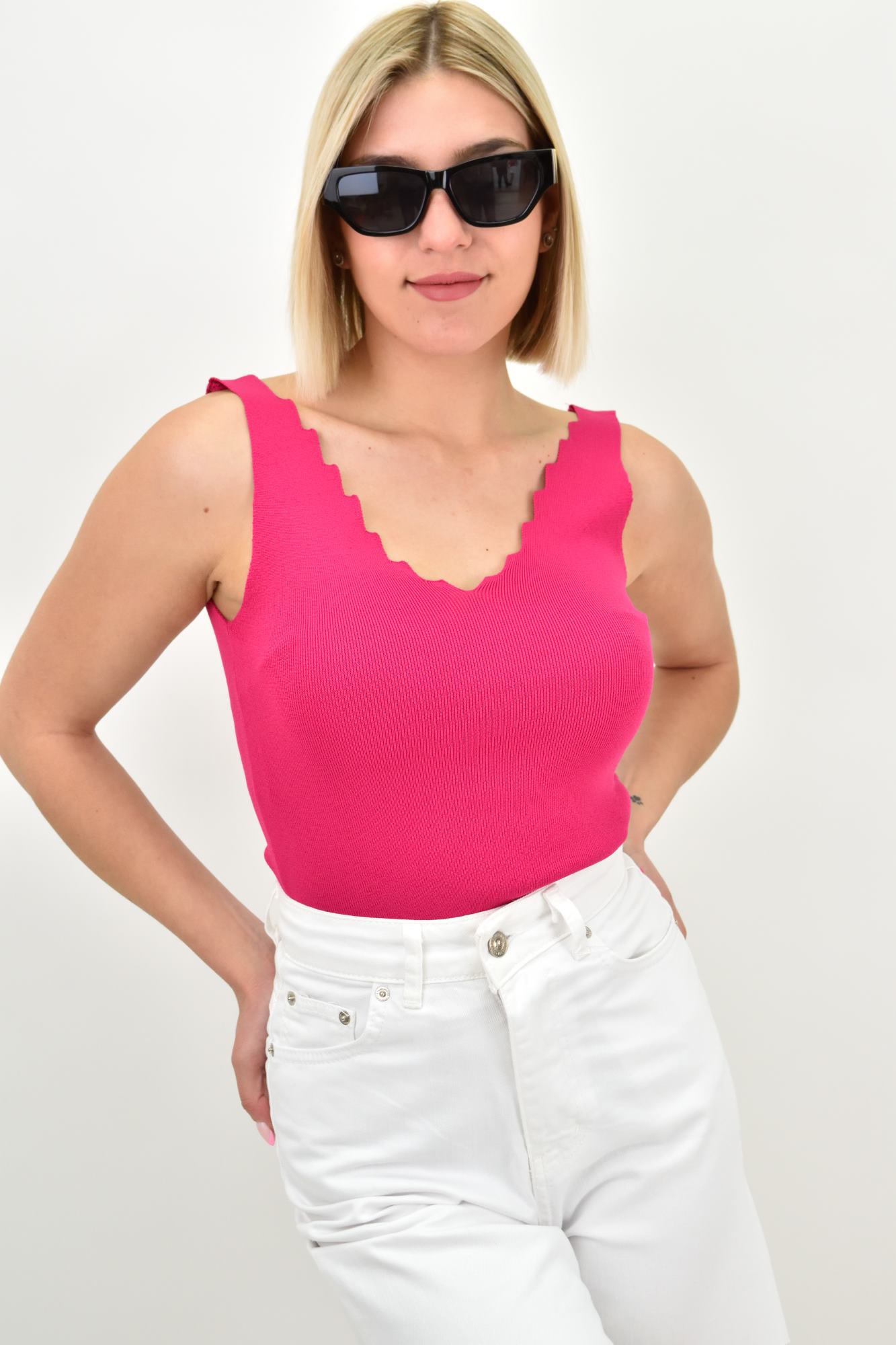 Γυναικείο Ριπ Τοπ με V-Neck κυματιστό ντεκολτέ Φούξια 19400