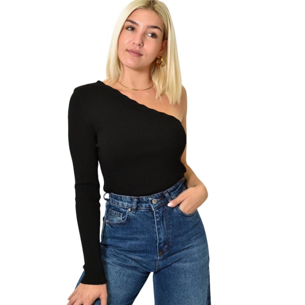 Πλεκτό τοπ με έναν ώμο Μαύρο 26006