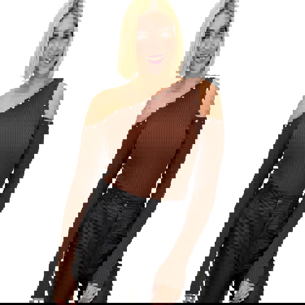 Γυναικείο τοπ με έξω ώμους και στρας Καφέ 22221