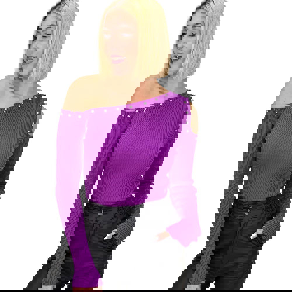 Γυναικείο τοπ με έξω ώμους και στρας Ματζέντα 22218