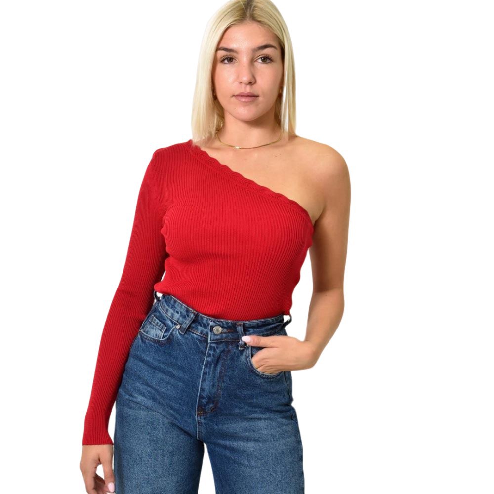 Πλεκτό τοπ με έναν ώμο Μπορντώ 26004