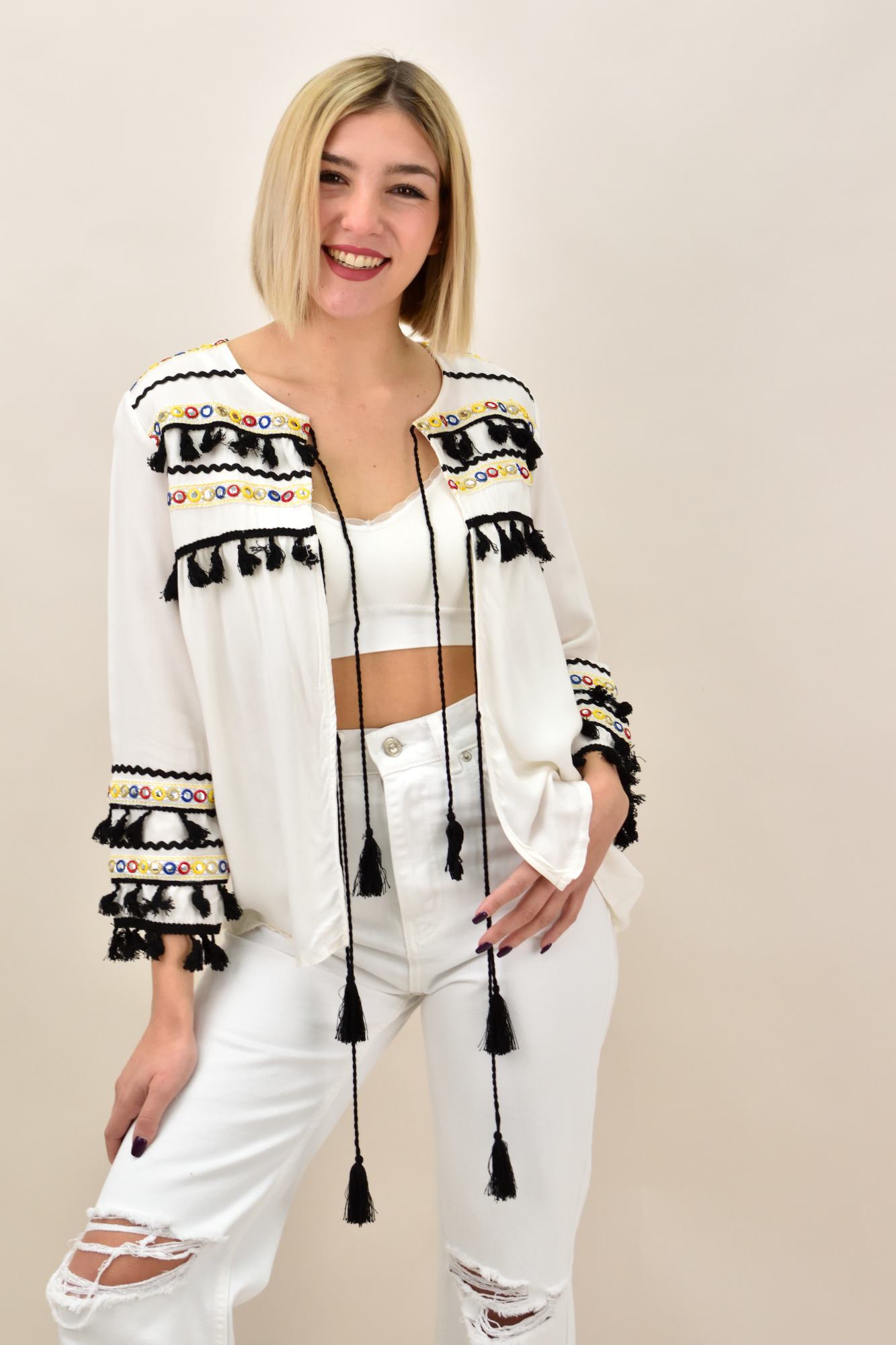 Zακέτα boho με φουντάκια και καθρεφτάκια Λευκό 13249