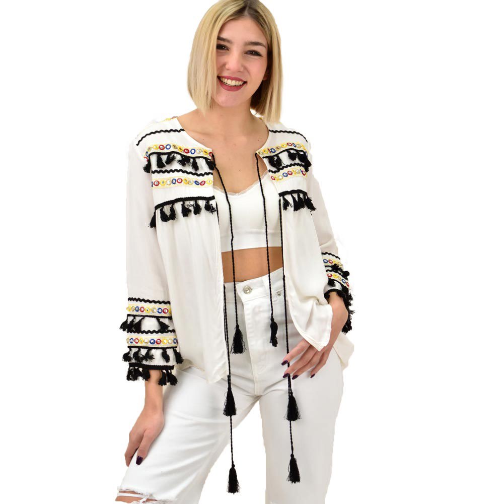 Zακέτα boho με φουντάκια και καθρεφτάκια Λευκό 13249