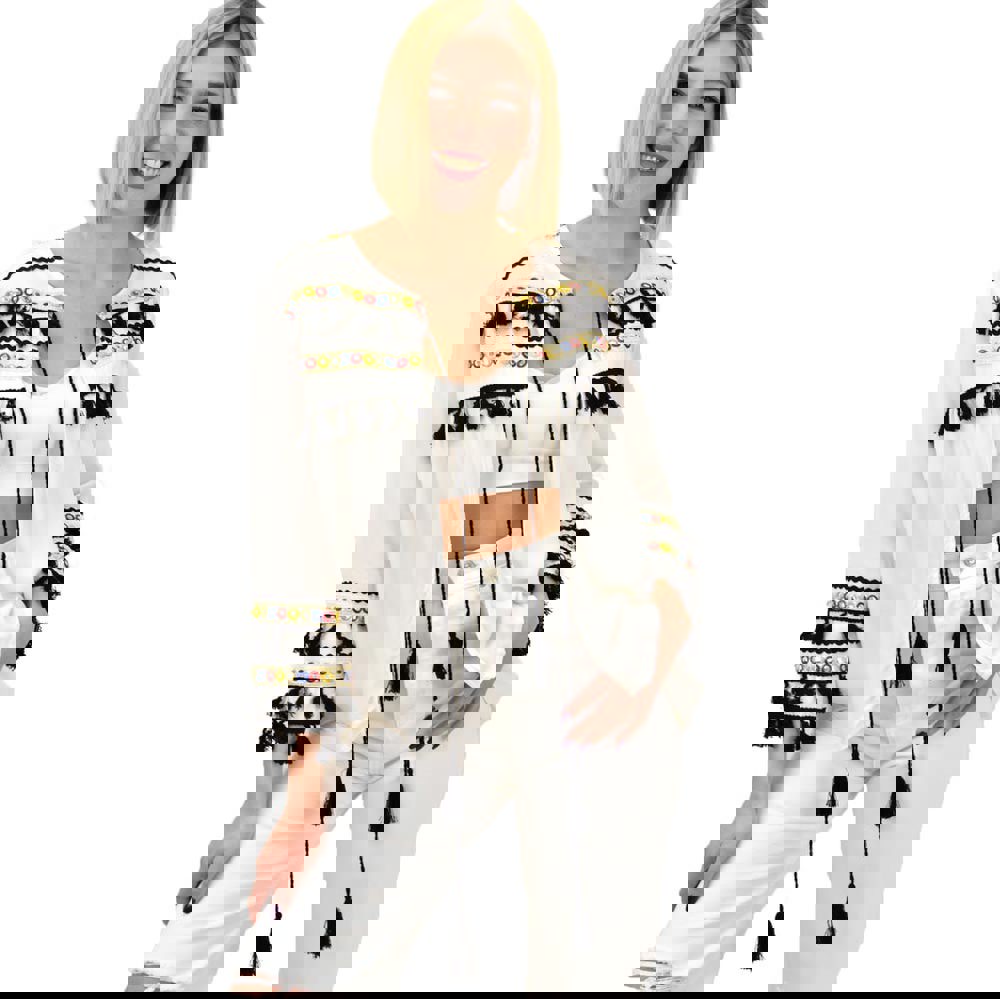 Zακέτα boho με φουντάκια και καθρεφτάκια Λευκό 13249