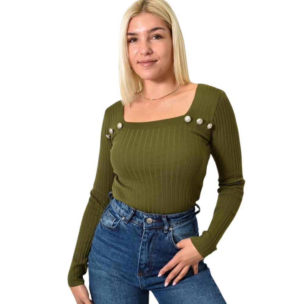 Τοπ με διακοσμητικά κουμπιά Λαδί 25987