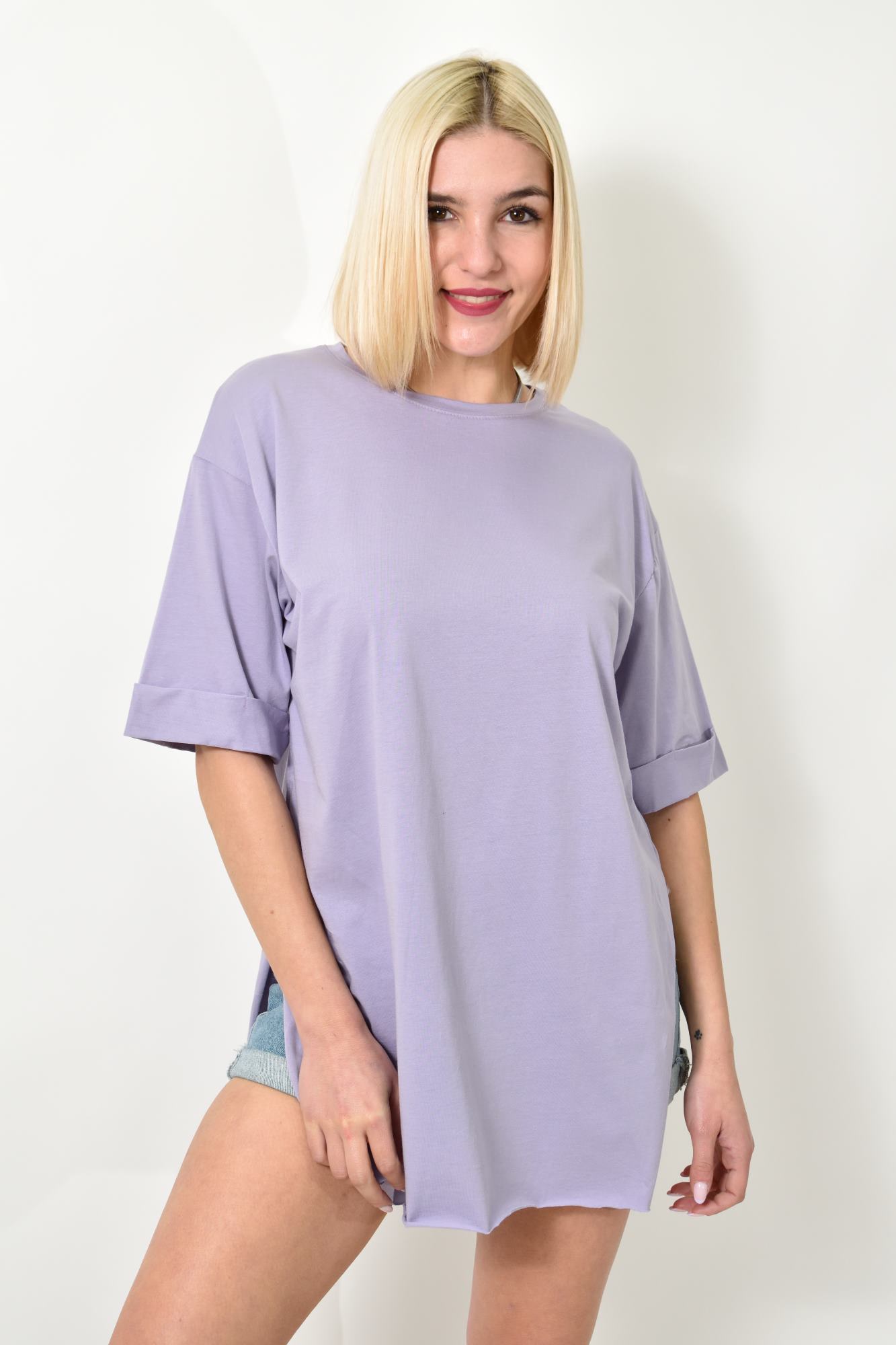 Τ-shirt μονόχρωμο oversized Λιλά 23565