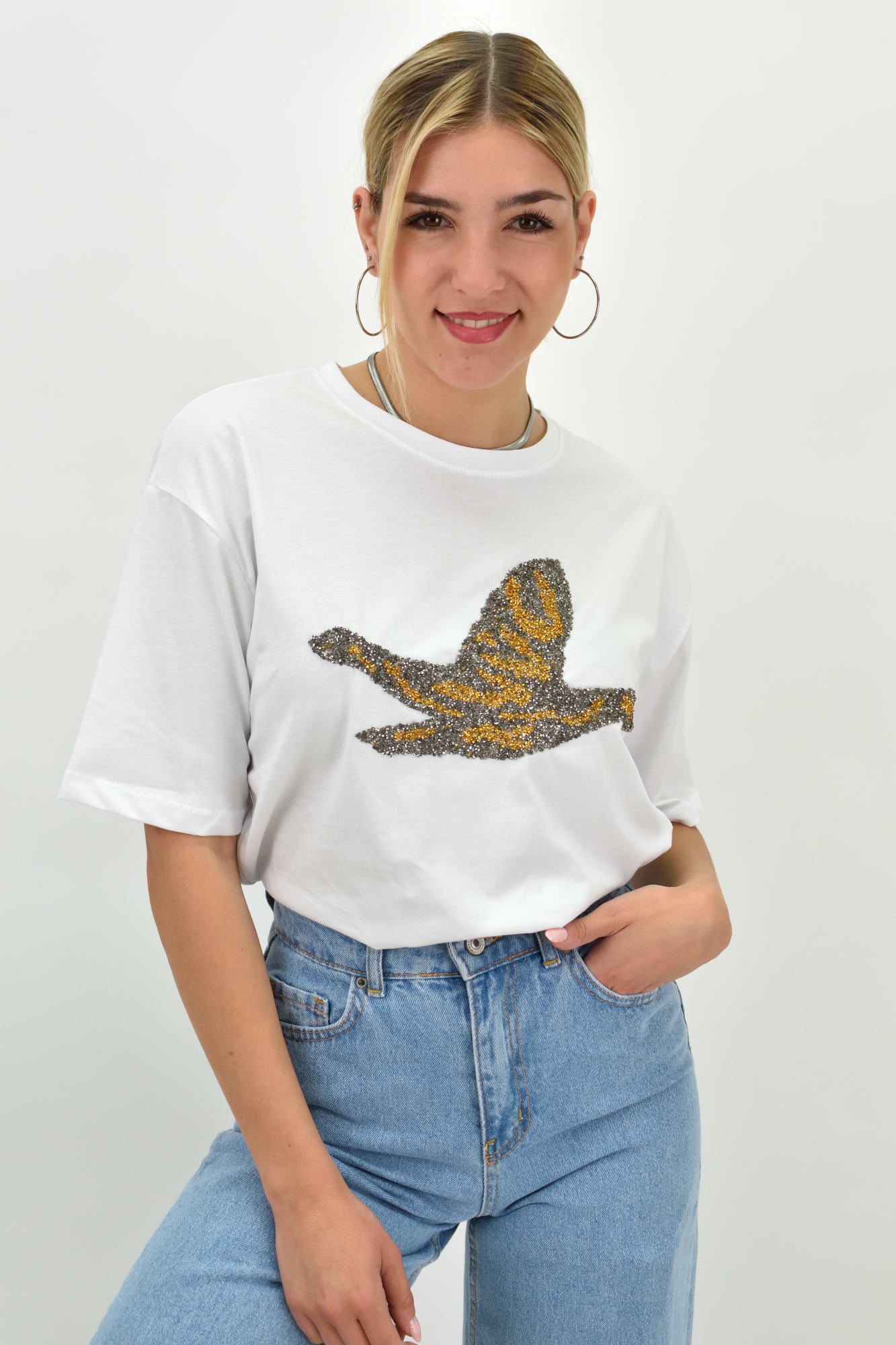 Γυναικείο T-shirt με στρας σε διχρωμία Λευκό 20023