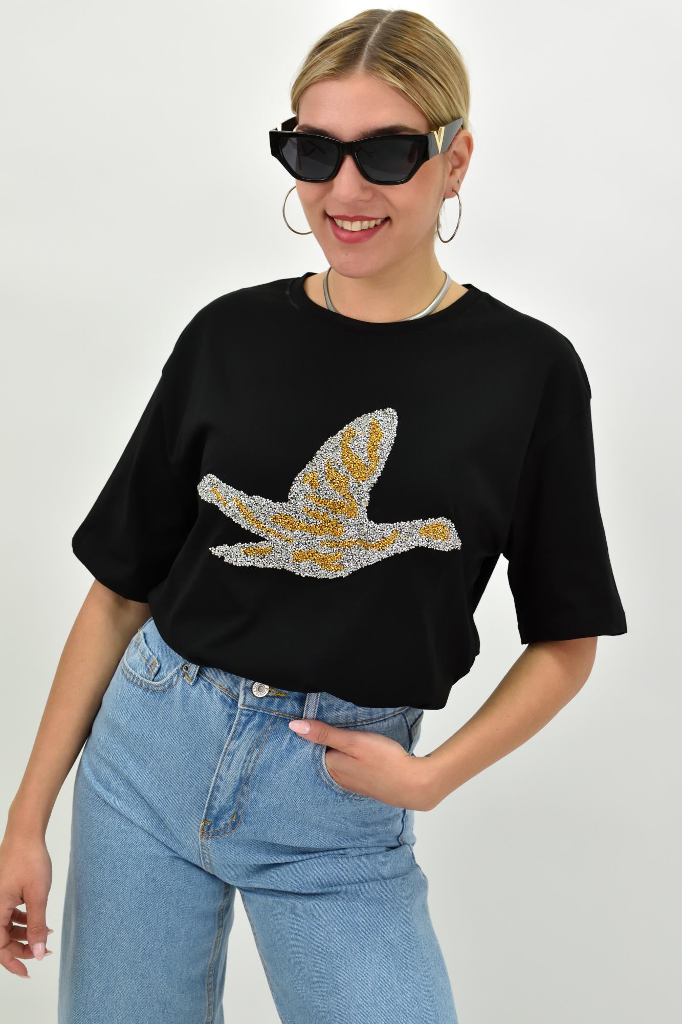 Γυναικείο T-shirt με στρας σε διχρωμία Μαύρο 20024