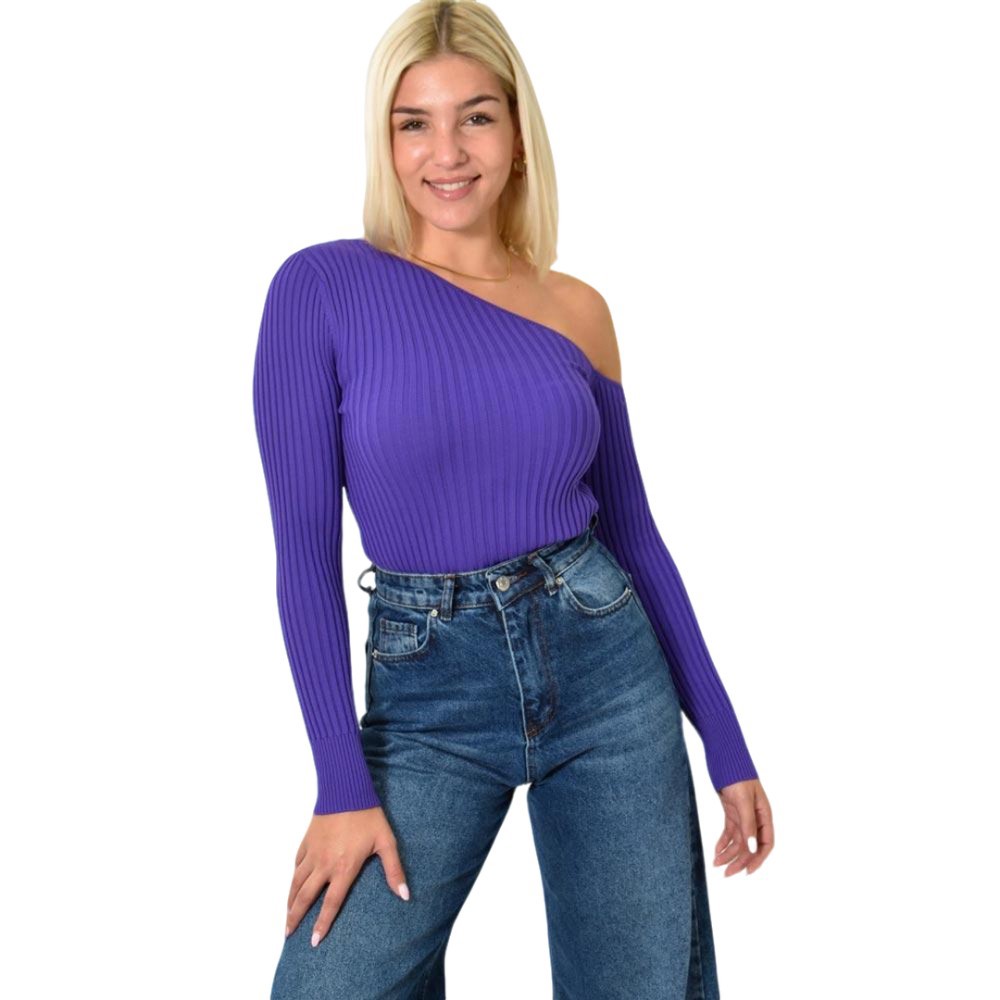 Πλεκτό τοπ με μακρύ μανίκι ασύμμετρο Μωβ 25983