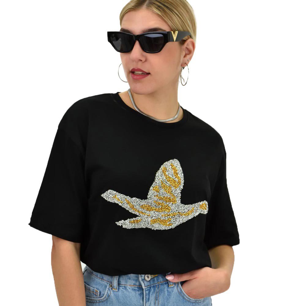 Γυναικείο T-shirt με στρας σε διχρωμία Μαύρο 20024