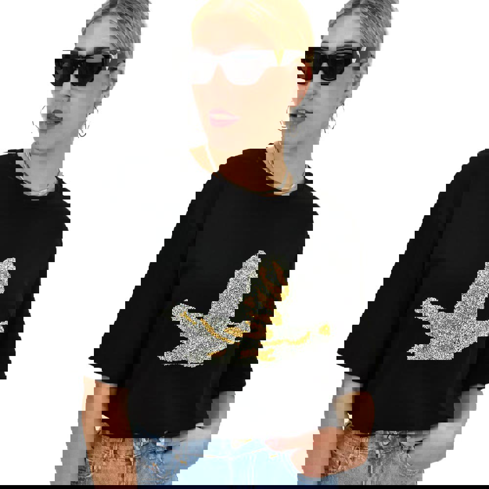 Γυναικείο T-shirt με στρας σε διχρωμία Μαύρο 20024