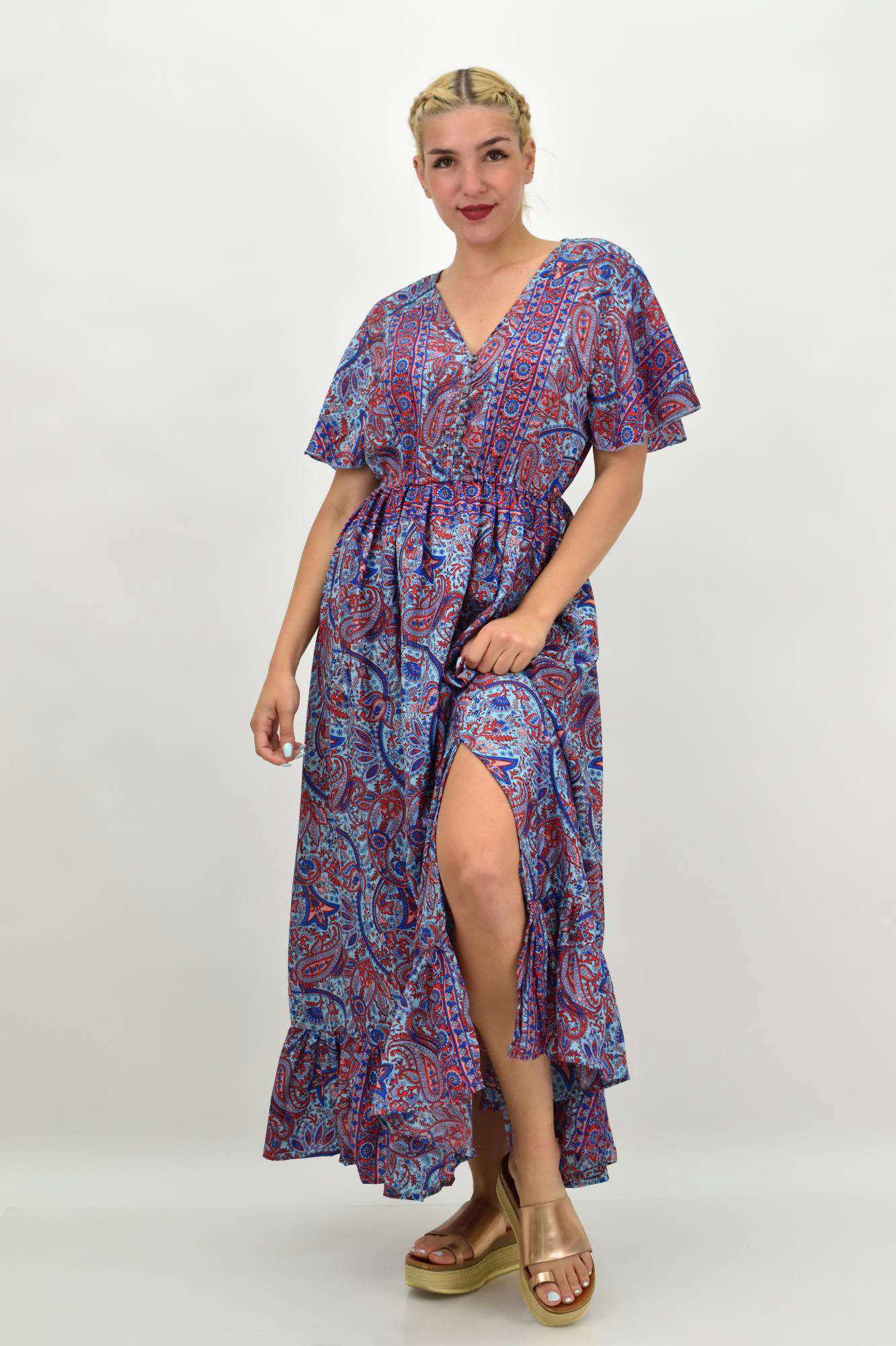 Γυναικείο μεταξωτό boho φόρεμα με κουμπιά χωρίς ζώνη Μπλε 20984