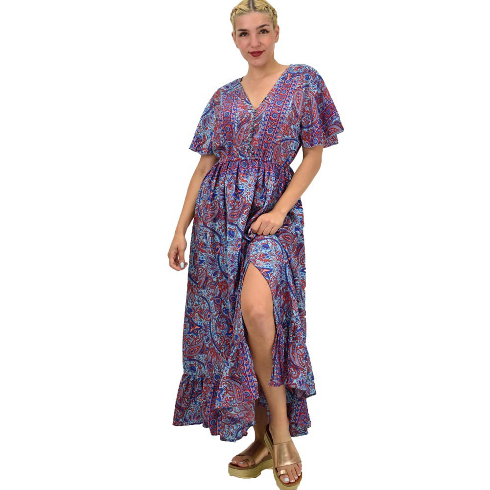 Γυναικείο μεταξωτό boho φόρεμα με κουμπιά χωρίς ζώνη Μπλε 20984