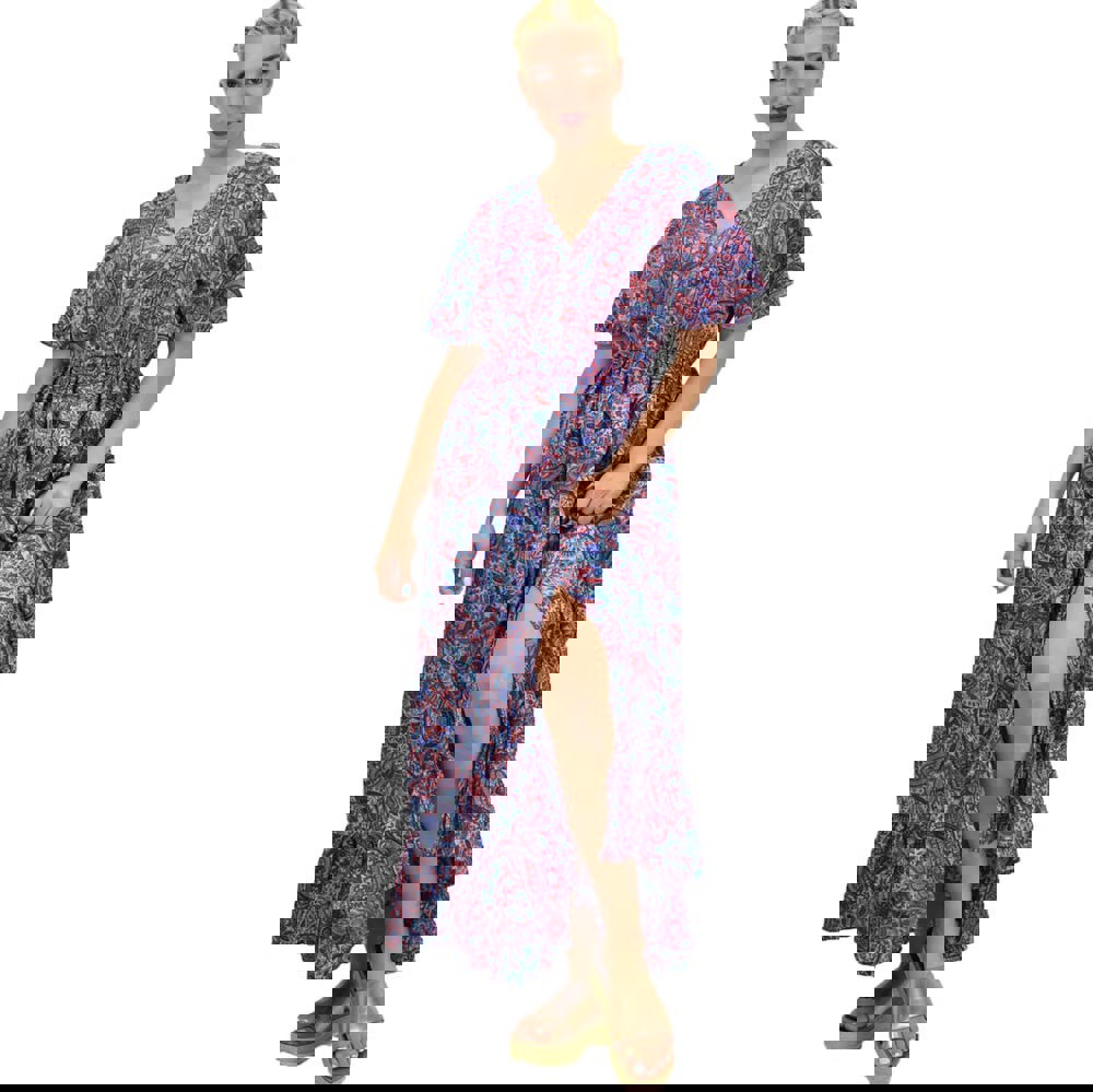 Γυναικείο μεταξωτό boho φόρεμα με κουμπιά χωρίς ζώνη Μπλε 20984