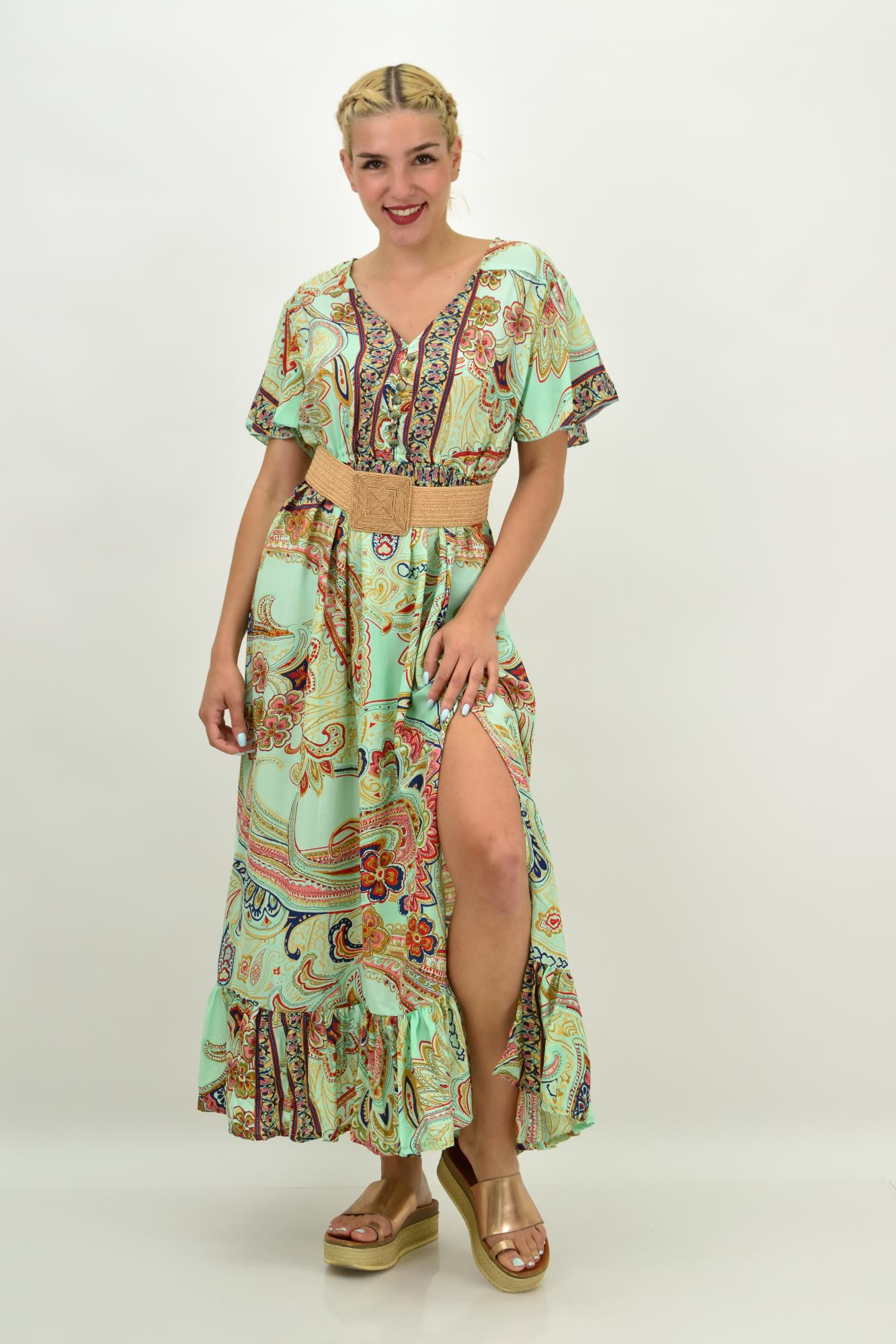 Γυναικείο μεταξωτό boho φόρεμα με κουμπιά χωρίς ζώνη Φυστικί 20982