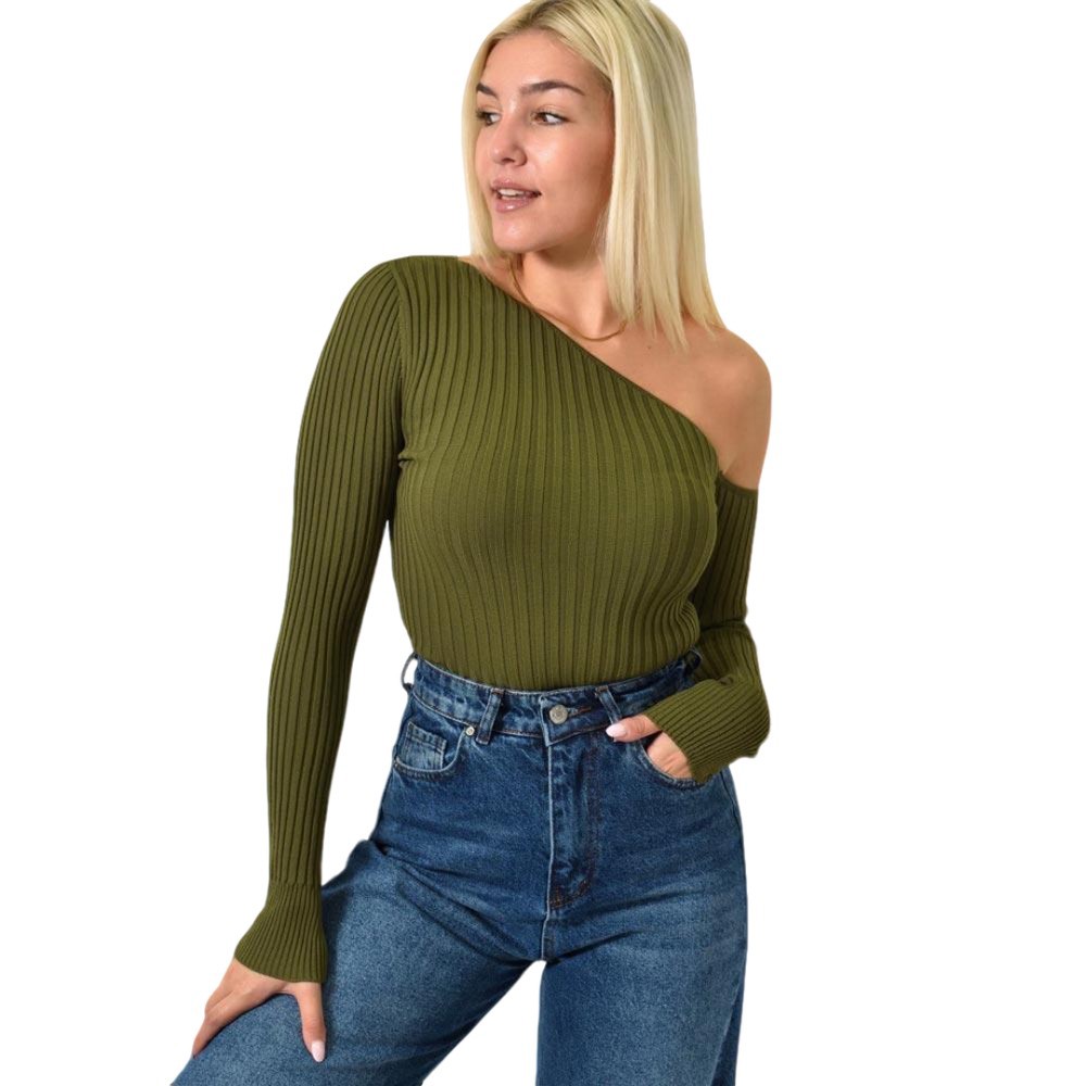 Πλεκτό τοπ με μακρύ μανίκι ασύμμετρο Λαδί 25981