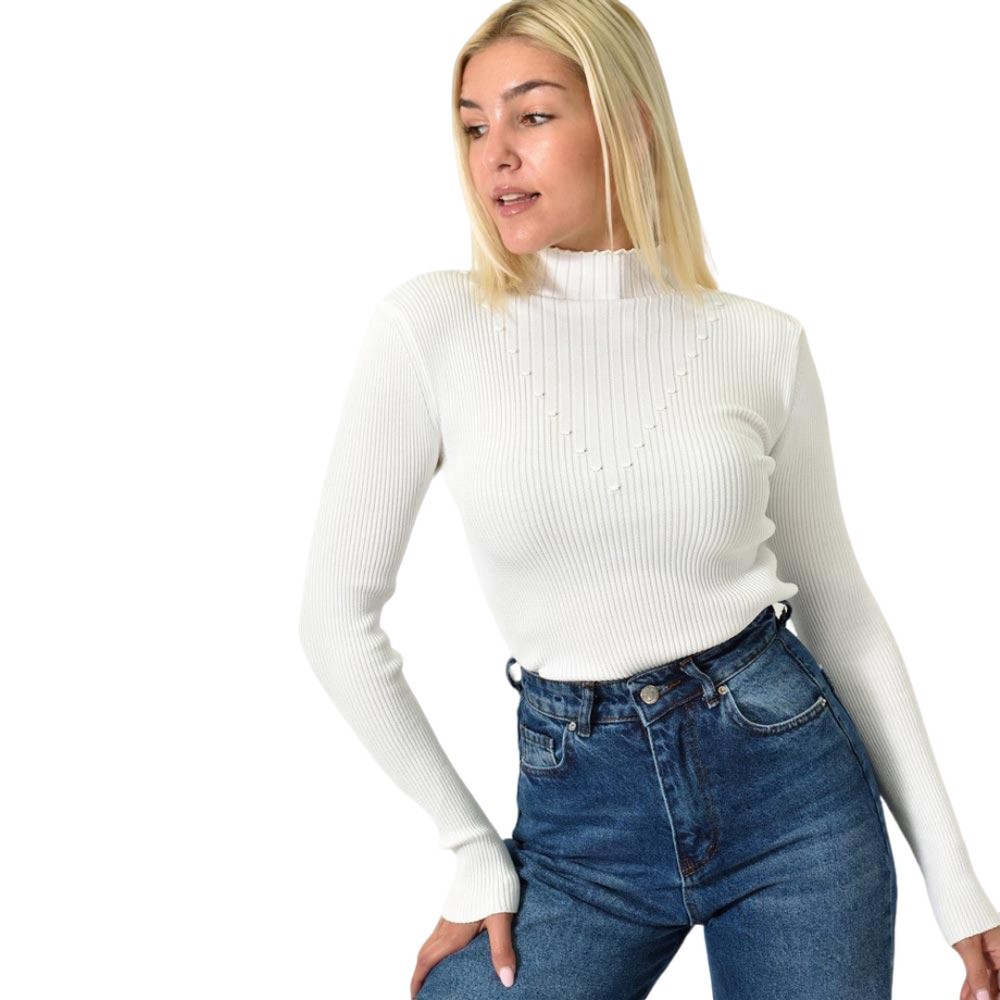 Πλεκτό τοπ με σχέδιο στο V Λευκό 25976