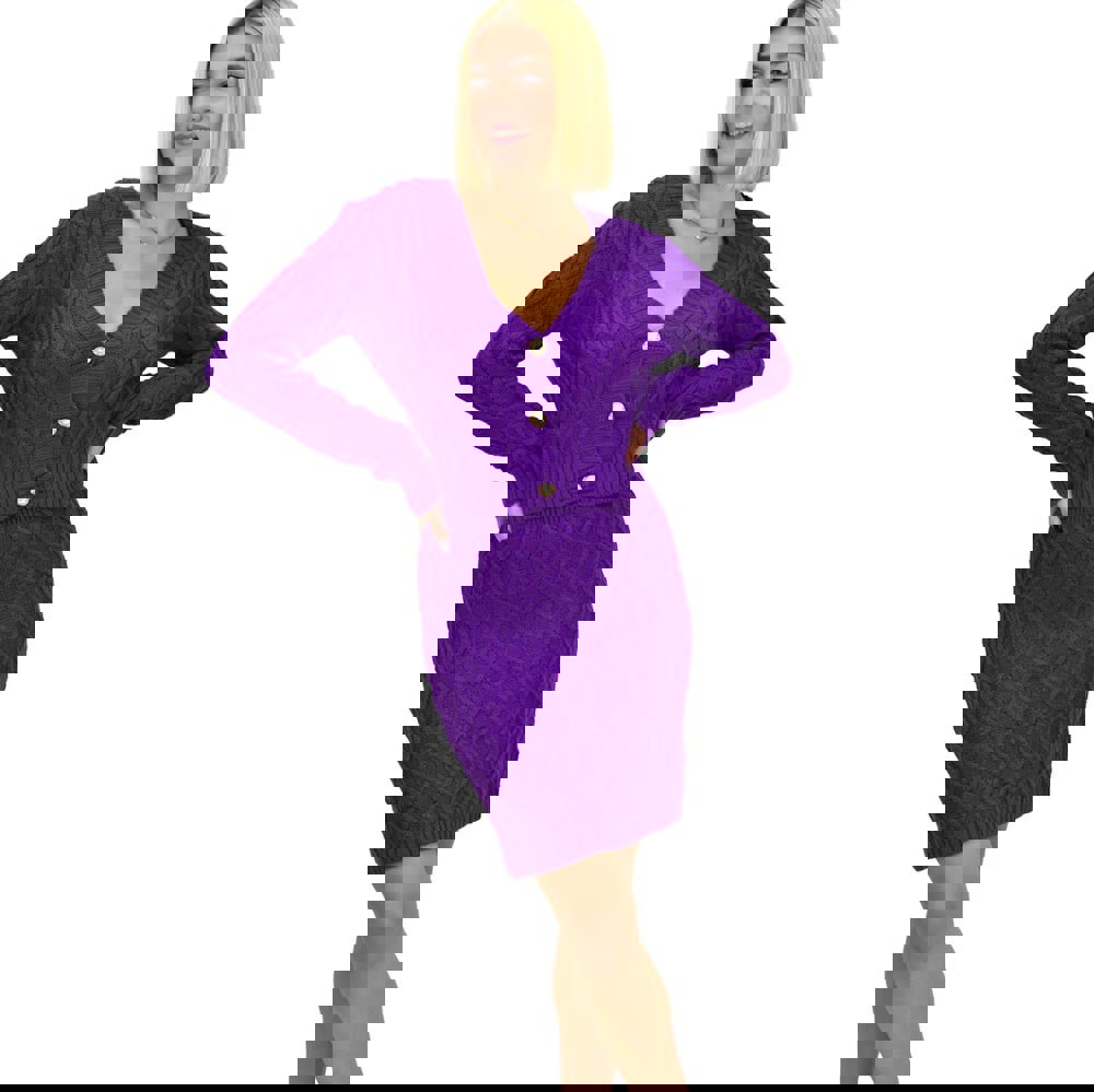 Γυναικείο πλεκτό σετ με σχέδιο πλεξούδες Μωβ 22284