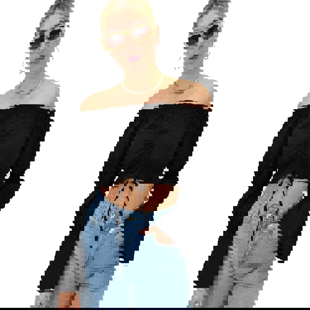 Γυναικείο crop τοπ με βολάν στα μανίκια Μαύρο 13801