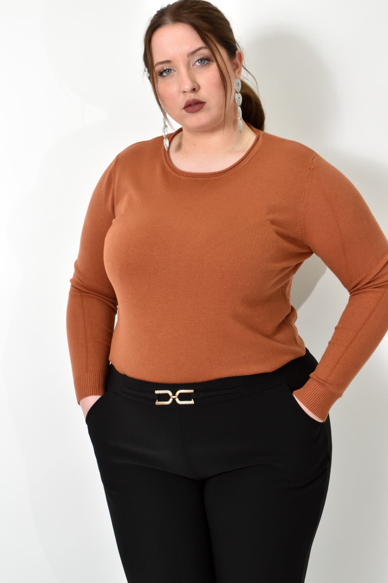 Πλεκτή basic μπλούζα plus size Καφέ 22772