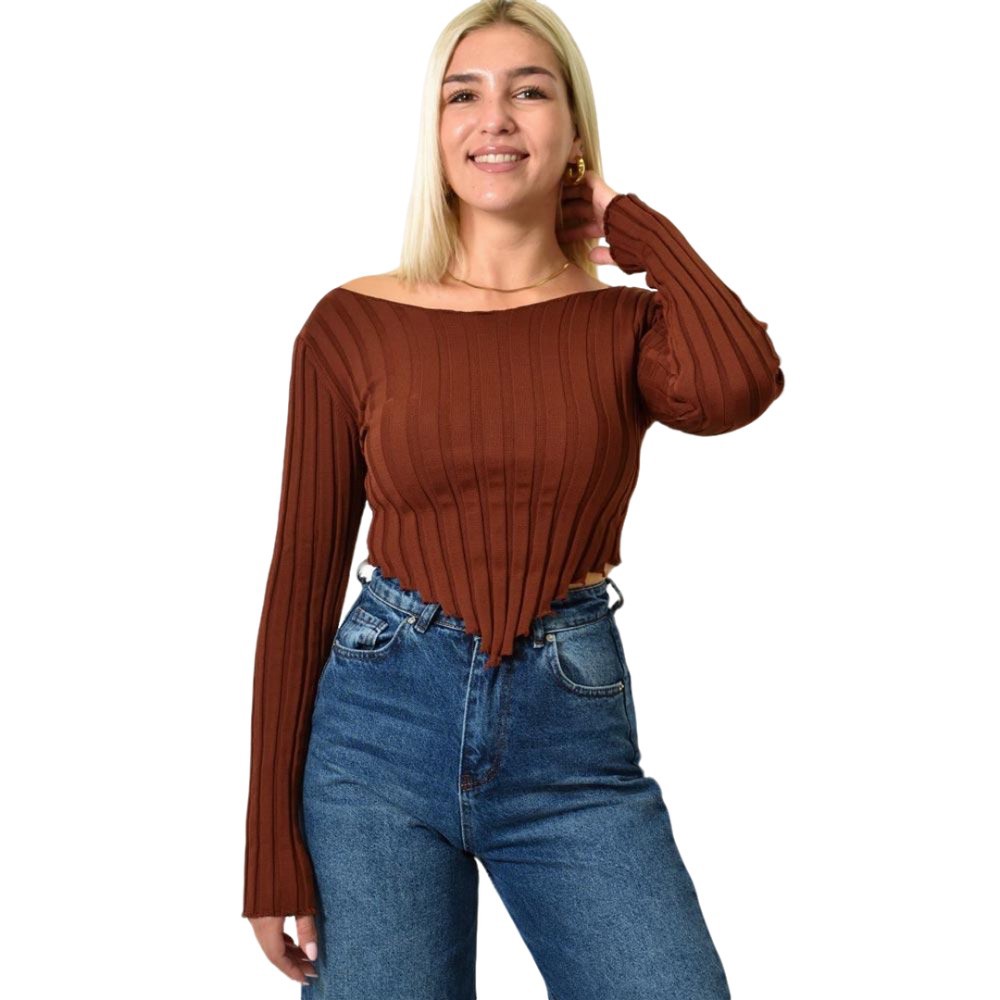 Ριπ τοπ κοντό με μακρύ μανίκι Καφέ 25966