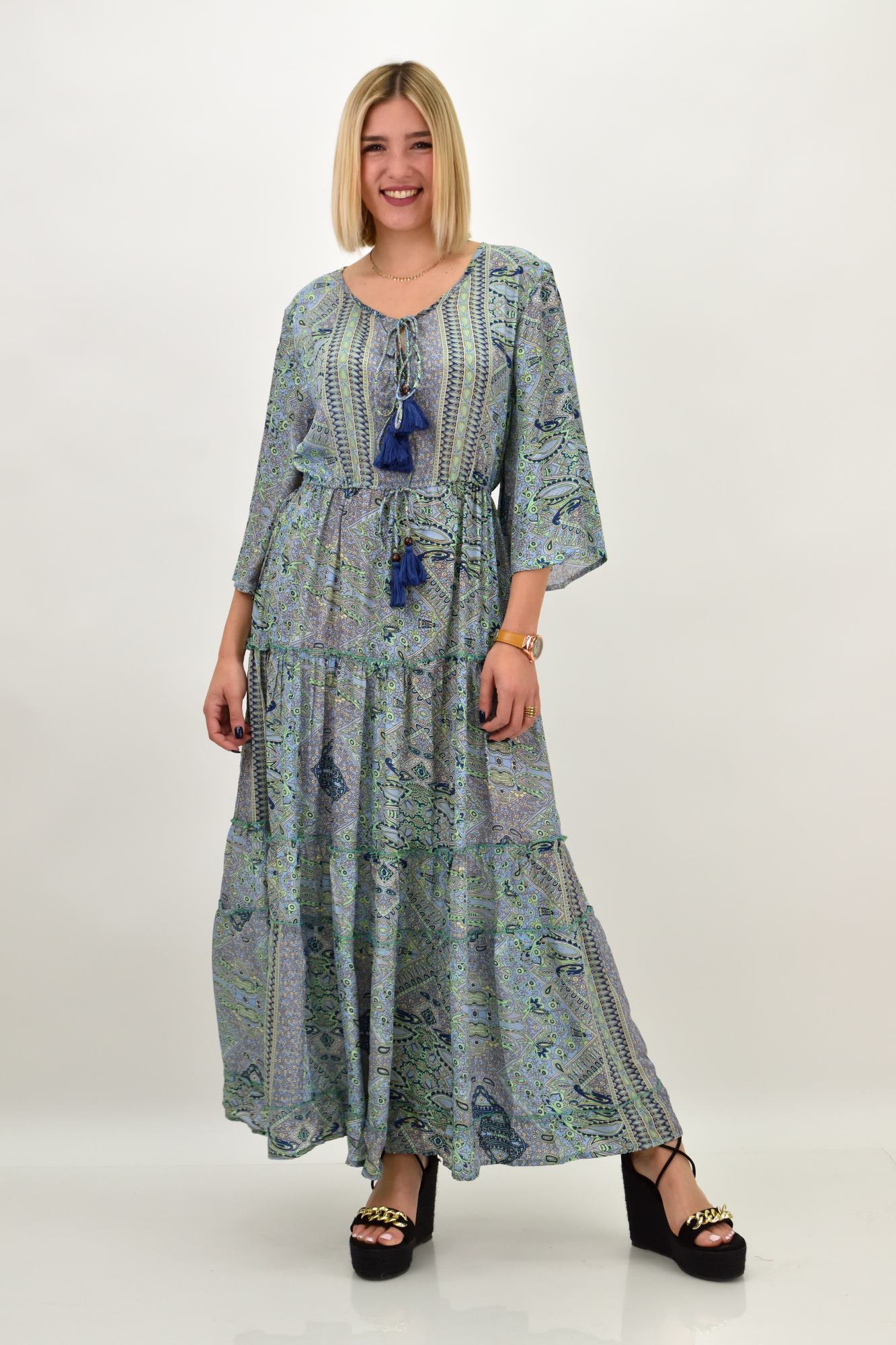 Γυναικείο μεταξωτό boho φόρεμα με βολάν Φυστικί 20558