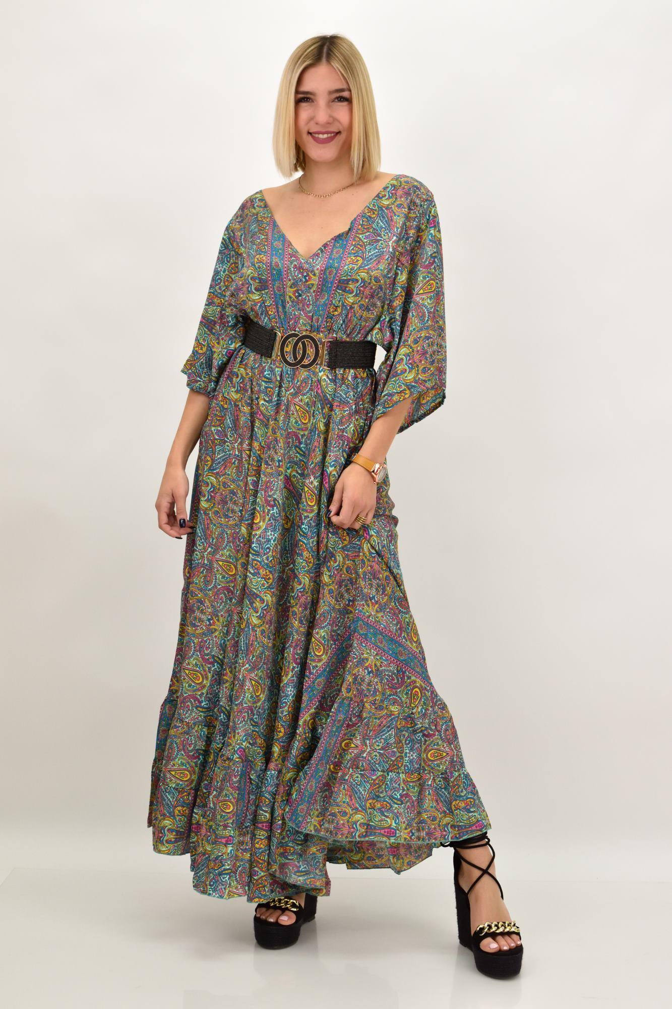 Γυναικείο μεταξωτό boho φόρεμα με κρόσια Βεραμάν 20526
