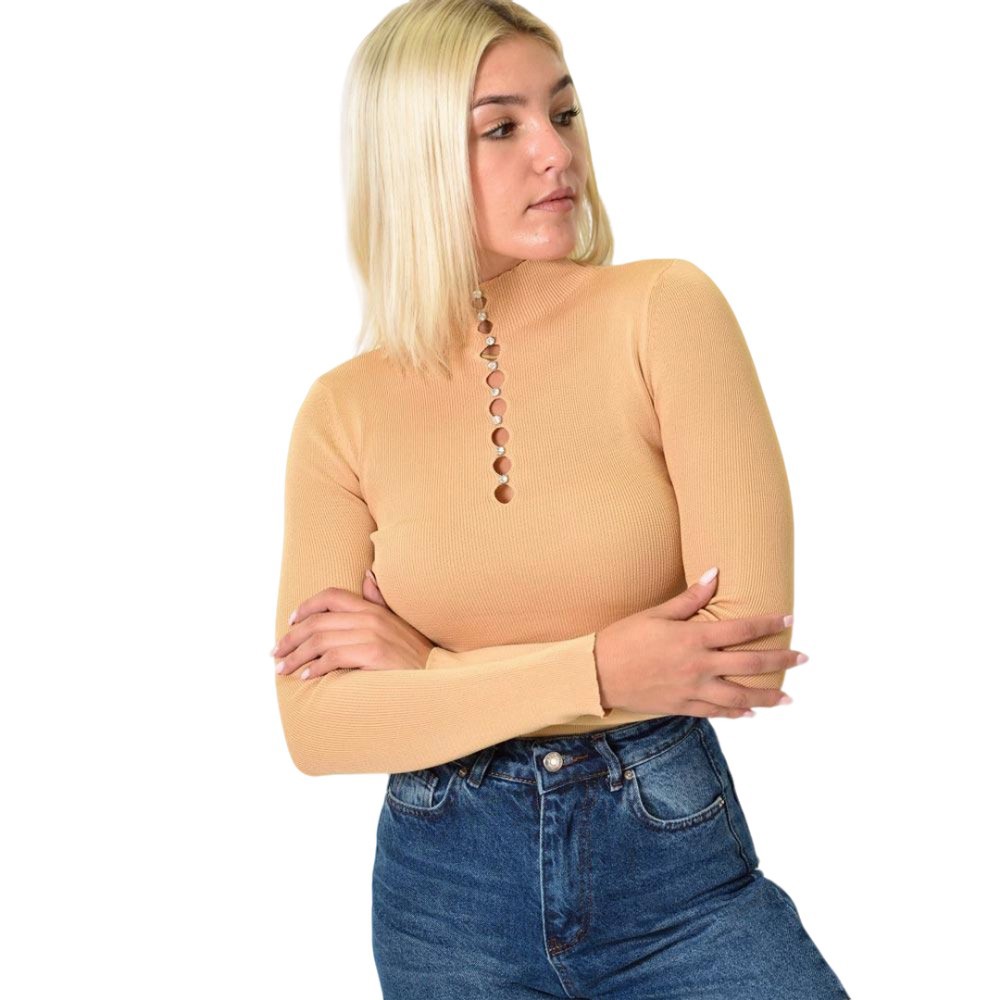 Πλεκτό Ριπ Τοπ με Ψηλό Λαιμό μακρυμάνικο και Στρας Μπεζ 25956