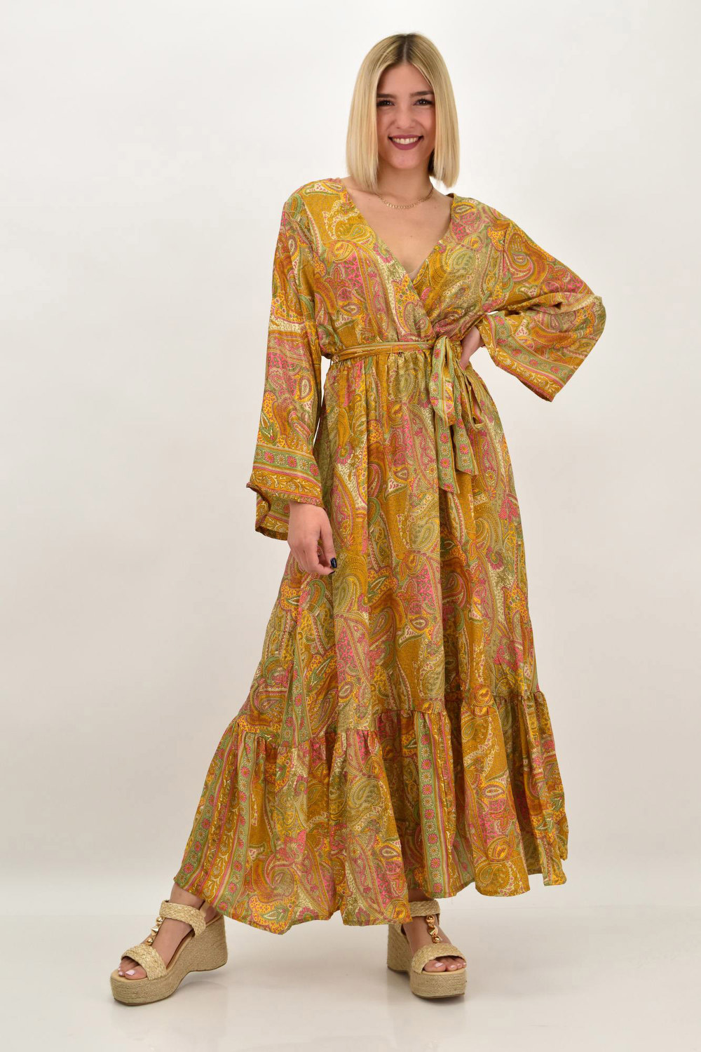 Γυναικείο μεταξωτό boho φόρεμα με ζώνη Μπεζ 20469 φωτογραφία