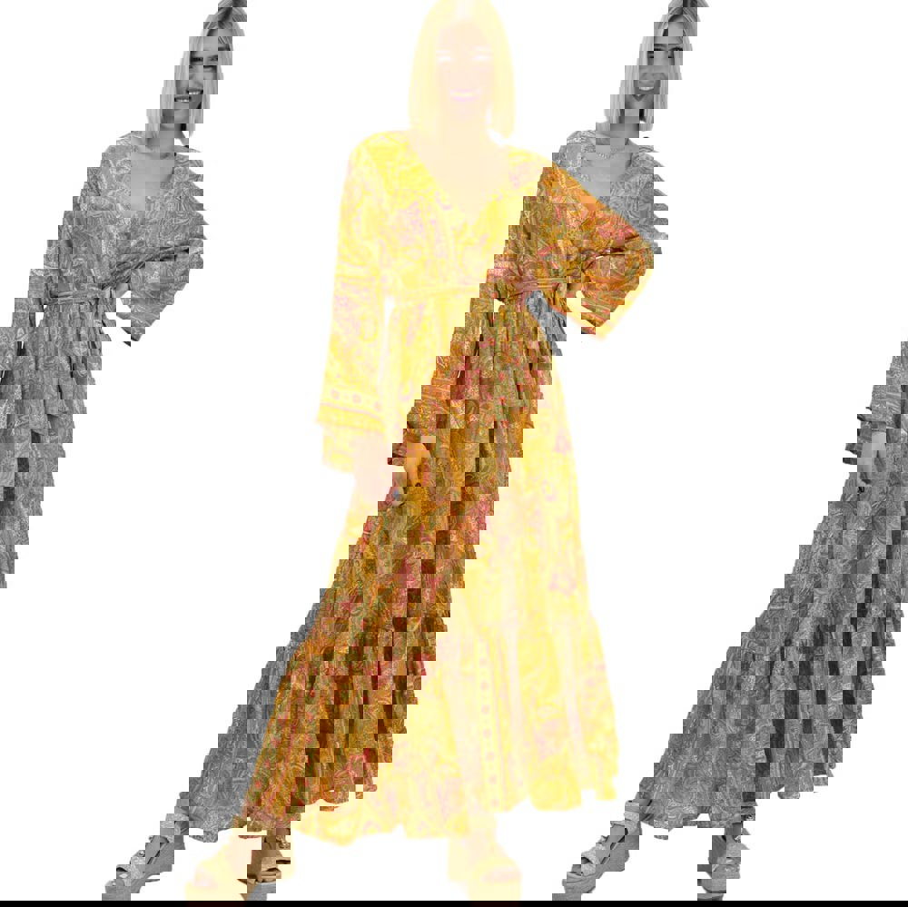 Potre OR Γυναικείο μεταξωτό boho φόρεμα με ζώνη Μπεζ 20469