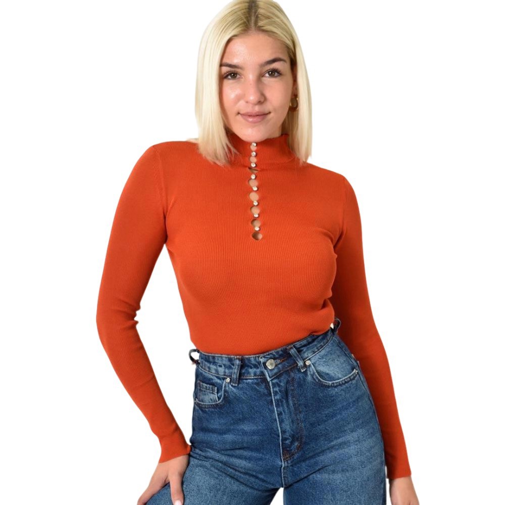 Πλεκτό Ριπ Τοπ με Ψηλό Λαιμό μακρυμάνικο και Στρας Κεραμιδί 25955